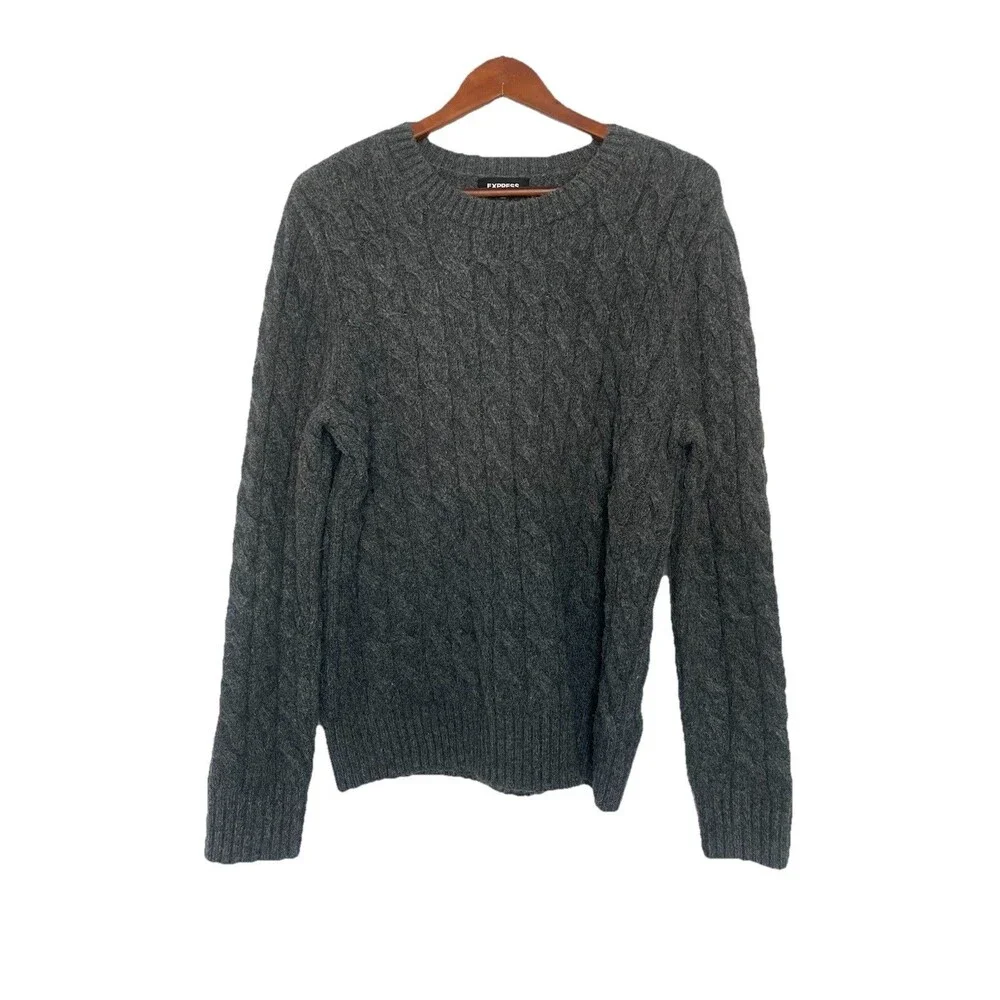 Express Men's Medium Gray Cable Knit Pullover Sweater Wool Blend Long Sleeve